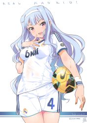 Rule 34 | 1girl, adidas, ball, blush, breasts, clothes writing, covered navel, hairband, highres, idolmaster, idolmaster (classic), inoue sora, long hair, looking at viewer, open mouth, purple eyes, real madrid, see-through, shijou takane, shorts, signature, silver hair, smile, soccer, soccer ball, soccer uniform, solo, sportswear, wristband