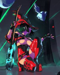 Rule 34 | 1girl, black hair, boots, breasts, electric guitar, fingerless gloves, gloves, guilty gear, guilty gear xx, guitar, hat, heart, high heel boots, high heels, highres, i-no, instrument, jacket, laser, leather, no bra, on one knee, open mouth, optionaltypo, platform boots, platform footwear, red hat, red jacket, red leather, revealing clothes, smile, solo, speaker, stage, thigh boots, thighhighs, underboob, witch hat