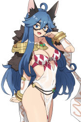 Rule 34 | 1girl, ahoge, animal ears, blue eyes, blue hair, bracelet, breasts, character request, cleavage, collarbone, copyright request, covered navel, fur trim, hair between eyes, hand up, highres, houtengeki, jewelry, long hair, looking at viewer, mask, medium breasts, open mouth, simple background, smile, white background