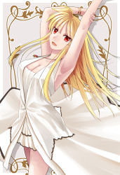 Rule 34 | 1girl, :d, armpits, arms up, blonde hair, bracelet, breasts, cleavage, collarbone, dress, fate testarossa, floating hair, hair between eyes, highres, jewelry, large breasts, long hair, looking at viewer, lyrical nanoha, mahou shoujo lyrical nanoha, necklace, open mouth, red eyes, short dress, sleeveless, sleeveless dress, smile, solo, sougetsu izuki, standing, very long hair, white dress