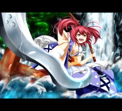 Rule 34 | 1girl, bad id, bad pixiv id, boat, breasts, cleavage, female focus, highres, japanese clothes, large breasts, letterboxed, momiji oroshi, momijioroshi, onozuka komachi, open mouth, red eyes, red hair, scythe, short hair, solo, touhou, tree, twintails, two side up, water, watercraft, waterfall