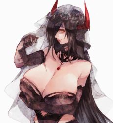 Rule 34 | 1girl, areola slip, arm under breasts, azur lane, bare shoulders, black dress, black gloves, black hair, breast hold, breasts, bridal veil, detached collar, dress, elbow gloves, friedrich der grosse (azur lane), friedrich der grosse (dark raiments of gagaku) (azur lane), friedrich der grosse (zeremonie of the cradle) (azur lane), gem, gloves, hair over one eye, highres, horn ornament, horns, huge breasts, lips, long hair, looking at viewer, mechanical horns, red gemstone, red horns, saichuu (more1208), see-through, simple background, sleeveless, sleeveless dress, solo, strapless, strapless dress, upper body, veil, very long hair, white background, yellow eyes