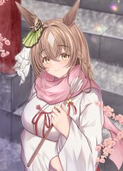 Rule 34 | 1girl, absurdres, alternate costume, animal ears, blush, branch, breasts, brown hair, cherry blossoms, closed mouth, ear ornament, feriri, hair ornament, highres, horse ears, horse girl, japanese clothes, kimono, large breasts, long hair, looking at viewer, multicolored hair, outdoors, pink scarf, satono diamond (umamusume), scarf, smile, solo, streaked hair, umamusume, very long hair, white hair, yellow eyes, yukata