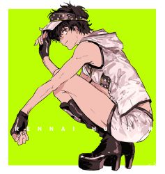 Rule 34 | 1boy, alternate costume, amamiya ren, black eyes, black gloves, black hair, boots, closed mouth, crossdressing, fingerless gloves, from side, gloves, hair between eyes, high heel boots, high heels, hood, hood down, knee boots, male focus, persona, persona 5, profile, sawa2, shorts, simple background, sleeveless, solo, squatting, star (symbol), two-tone background, visor cap