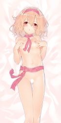 Rule 34 | 1girl, alice margatroid, bed sheet, blonde hair, blush, breasts, commentary, dakimakura (medium), gluteal fold, hair between eyes, hairband, hands on own chest, looking at viewer, lying, medium hair, navel, nipples, nude, on back, parted lips, pink neckwear, red eyes, sash, sawayaka samehada, small breasts, solo, thigh gap, touhou