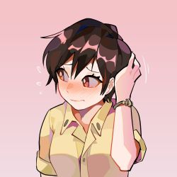 Rule 34 | 1girl, absurdres, blush, bracelet, brown hair, collared shirt, diforland, flying sweatdrops, hand on own head, highres, jewelry, looking to the side, nervous, original, red eyes, shirt, short hair, sleeves rolled up, solo, upper body