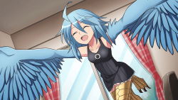 Rule 34 | 1girl, ahoge, artist request, bare shoulders, bird legs, black dress, blue hair, blue wings, breasts, closed eyes, curtains, dress, feathered wings, feathers, game cg, hair between eyes, harpy, indoors, medium hair, monster girl, monster musume no iru nichijou, monster musume no iru nichijou online, official alternate costume, official art, open mouth, papi (monster musume), sidelocks, small breasts, solo, talons, thighhighs, window, winged arms, wings, zettai ryouiki