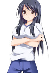 Rule 34 | 1girl, black hair, blush, breast hold, breasts, brown eyes, crossed arms, female focus, frown, fukiyose seiri, gym uniform, hisae (hisae collect), long hair, shirt, simple background, solo, sportswear, taut clothes, taut shirt, toaru majutsu no index, white background