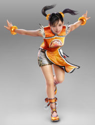 Rule 34 | 1girl, 3d, absurdres, black hair, bracelet, brown eyes, china dress, chinese clothes, dress, highres, jewelry, ling xiaoyu, namco, no socks, official art, orange shirt, shirt, shorts, smile, solo, tekken, twintails