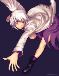 Rule 34 | 1girl, bent over, boots, envenomist (gengoroumaru), jacket, kishin sagume, leg up, outstretched arm, purple background, red eyes, running, serious, short hair, single wing, socks, solo, touhou, white hair, wings