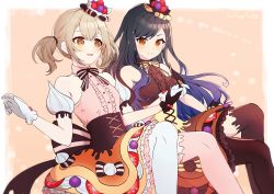 Rule 34 | 2girls, artist name, azusawa kohane, black hair, blue hair, bow, bowtie, brown gloves, brown pantyhose, brown shirt, brown thighhighs, closed mouth, commentary, dark blue hair, food, food-themed clothes, food-themed hair ornament, frilled shirt, frills, from side, fruit, gloves, gradient hair, hair ornament, high-waist skirt, holding hands, interlocked fingers, invisible chair, light blush, light brown hair, long hair, low twintails, medium hair, multicolored hair, multiple girls, orange background, orange eyes, pancake, pantyhose, parted lips, pink shirt, pink thighhighs, project sekai, shiraishi an, shirt, short twintails, signature, simple background, single leg pantyhose, single thighhigh, sitting, skirt, sleeveless, sleeveless shirt, smile, sonyaneko, split mouth, strawberry, strawberry slice, striped bow, striped bowtie, striped clothes, symbol-only commentary, thighhighs, twintails, very long hair, vivid bad squad (project sekai), whipped cream, white gloves, white pantyhose, yellow eyes