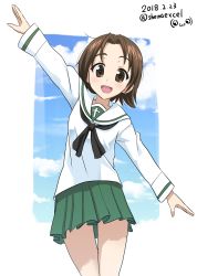 Rule 34 | 10s, 1girl, :d, absurdres, black neckerchief, blouse, brown eyes, brown hair, cloud, cloudy sky, commentary request, cowboy shot, dated, day, girls und panzer, green skirt, highres, logo, long sleeves, looking at viewer, miniskirt, neckerchief, one-hour drawing challenge, ooarai school uniform, open mouth, outside border, outstretched arms, parted bangs, pleated skirt, sawa azusa, school uniform, serafuku, shiina excel, shirt, short hair, skirt, sky, smile, solo, standing, thigh gap, twitter username, white shirt