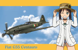 Rule 34 | 1girl, aircraft, airplane, choker, cloud, day, fiat g.55, flower, francesca lucchini, hat, highres, hoshino banchou, keygift, military, military uniform, one eye closed, panties, sky, smile, solo, strike witches, striped clothes, striped panties, sunflower, underwear, uniform, vehicle focus, world witches series