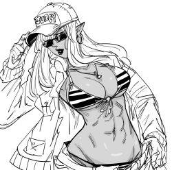 Rule 34 | 1girl, abs, baseball cap, bb (baalbuddy), bikini, dark elf, dark skin, earrings, elf, greyscale, hand up, hat, headwear writing, highres, hoop earrings, jacket, jewelry, lipstick, long hair, looking at viewer, makeup, monochrome, necklace, open clothes, open jacket, original, parted lips, pointy ears, simple background, solo, striped bikini, striped clothes, sunglasses, swimsuit, toned, upper body, white background