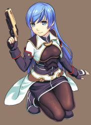 Rule 34 | 1girl, armor, black gloves, black pantyhose, blue hair, breastplate, breasts, closed mouth, commentary request, dress, fingerless gloves, gloves, green eyes, gun, handgun, holding, holding gun, holding weapon, long hair, looking at viewer, maria traydor, pantyhose, pistol, simple background, skirt, solo, star ocean, star ocean anamnesis, star ocean till the end of time, very long hair, weapon