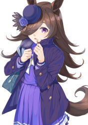 Rule 34 | 1girl, animal ears, bag, black hat, black jacket, blue flower, blue rose, breath, brown hair, commentary request, flower, frilled skirt, frills, hair over one eye, hat, hat flower, horse ears, horse girl, horse tail, jacket, long hair, looking at viewer, miri (ago550421), open clothes, open jacket, open mouth, pleated skirt, purple eyes, purple shirt, purple skirt, rice shower (umamusume), rose, school bag, school uniform, shirt, simple background, skirt, solo, tail, tilted headwear, tracen school uniform, umamusume, very long hair, white background