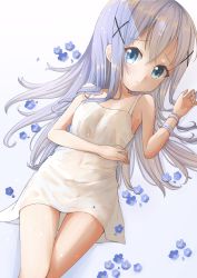 1girl absurdres arm_up blue_eyes blue_hair breasts dress gochuumon_wa_usagi_desu_ka? hair_ornament hairclip highres kafuu_chino long_hair lying navel on_back ray_peng see-through short_dress small_breasts solo sundress thigh_gap thighs wet wet_clothes wet_dress white_dress