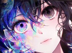 Rule 34 | 1girl, 58 (opal 00 58), black eyes, black hair, blue hair, close-up, closed mouth, commentary, crossed bangs, english commentary, eye focus, heterochromia, highres, looking at viewer, multicolored hair, original, portrait, purple eyes, solo