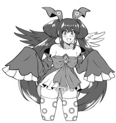Rule 34 | 1girl, angel wings, asymmetrical wings, bare shoulders, blush, breasts, collarbone, commission, detached sleeves, dizzy (guilty gear), greyscale, guilty gear, hair rings, kitsune23star, medium breasts, monochrome, open mouth, print thighhighs, ringed eyes, skindentation, skirt, solo, thick thighs, thighhighs, thighs, twintails, wide sleeves, wings, zettai ryouiki