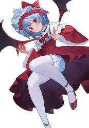 Rule 34 | 1girl, absurdres, apple, bat wings, blue hair, bow, bowtie, closed mouth, commentary request, dress, flower, food, foot out of frame, fruit, head wreath, high heels, highres, holding, holding food, holding fruit, long sleeves, looking at viewer, medium hair, pantyhose, red bow, red bowtie, red brooch, red dress, red eyes, red flower, red footwear, red nails, red rose, remilia scarlet, rose, shirt, simple background, skirt, solo, touhou, white background, white pantyhose, white shirt, white skirt, wide sleeves, wings, yuhezi