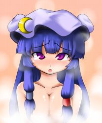 Rule 34 | 1girl, ao bouzu, bad id, bad pixiv id, blue hair, blush, breasts, censored, convenient censoring, female focus, gradient background, hair censor, hair over breasts, hat, long hair, nude, patchouli knowledge, purple eyes, purple hair, solo, tears, touhou, upper body