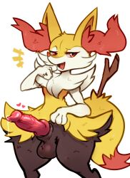 Rule 34 | 1boy, animal ears, animal penis, braixen, claws, creatures (company), dog penis, eyelashes, fang, fox boy, fox ears, fox tail, furry, furry male, game freak, gen 6 pokemon, knotted penis, legs, nintendo, open mouth, penis, pokemon, pokemon (creature), precum, sherlunsfw, simple background, smile, solo, standing, stick, tail, testicles, trap, white background