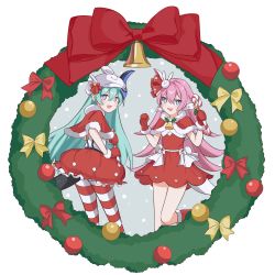 Rule 34 | 2girls, :d, arin (1010 ssu), beret, blue eyes, blue hair, bow, candy, candy cane, christmas, christmas ornaments, christmas wreath, dress, food, gloves, hair ornament, hat, highres, holding, holding food, honkai (series), honkai impact 3rd, horns, liliya olenyeva, long hair, looking at viewer, looking back, multiple girls, open mouth, pink hair, red bow, red dress, red gloves, red legwear, rozaliya olenyeva, siblings, simple background, single horn, smile, snowing, striped clothes, striped legwear, striped thighhighs, tail, thighhighs, twins, white background, white headwear, wreath, yellow bow