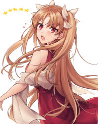 Rule 34 | 1girl, bare arms, bare shoulders, bitter sweet (fate/grand order), blush, dress, earrings, ereshkigal (fate), fate/grand order, fate (series), flying sweatdrops, hair between eyes, hair ribbon, infinity symbol, jewelry, light brown hair, long hair, looking at viewer, looking to the side, open mouth, parted bangs, red dress, red eyes, ribbon, shiao, simple background, sleeveless, sleeveless dress, solo, star (symbol), sweat, two side up, very long hair, white background, white ribbon