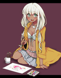 Rule 34 | 1girl, bead necklace, beads, belly, blue eyes, cup, danganronpa (series), danganronpa v3: killing harmony, dark-skinned female, dark skin, female focus, highres, jacket, jewelry, long hair, midriff, miniskirt, necklace, nisothestrawberry, open mouth, paintbrush, seashell, shell, silver hair, skirt, smile, solo, twintails, yellow jacket, yonaga angie