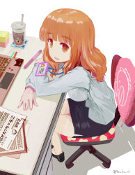 Rule 34 | 1girl, alternate costume, anglerfish, araippe, bare legs, black footwear, black skirt, blouse, blunt bangs, chair, commentary, computer, cup, desk, disposable cup, dress shirt, emblem, fish, from side, girls und panzer, id card, japanese tankery league (emblem), lanyard, laptop, leaning forward, long hair, long sleeves, looking at viewer, miniskirt, office chair, office lady, on chair, open mouth, orange eyes, orange hair, pen, pencil skirt, shirt, shoes, side slit, sitting, skirt, smile, solo, sticky note, swivel chair, takebe saori, twitter username, white background, white shirt, yurikuta tsukumi