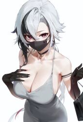 Rule 34 | 1girl, alternate costume, arlecchino (genshin impact), bag, bare shoulders, black choker, black gloves, black hair, black mask, breasts, choker, cleavage, covered navel, dongtan dress, dress, genshin impact, gloves, grey dress, grey hair, hair between eyes, hand on own chest, highres, holding, hyeonwook9, large breasts, long hair, looking at viewer, mask, meme attire, mole, mole on breast, mouth mask, multicolored hair, simple background, sleeveless, sleeveless dress, solo, symbol-shaped pupils, very long hair, white background, x-shaped pupils
