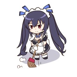 Rule 34 | apron, black hair, breasts, broom, chibi, cleavage, collar, dress, gloves, hairband, leggings, little, long hair, maid, medium breasts, motokingls, neptune (series), noire (neptunia), red eyes, ribbon, shoes, smile, sweeping, thighs, tiny, tsundere, twintails, uniform