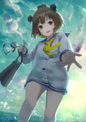 Rule 34 | 1girl, absurdres, binoculars, blue sailor collar, brown eyes, brown hair, cloud, cloudy sky, dress, headgear, headset, highres, kantai collection, long sleeves, looking at viewer, mmk, neckerchief, ocean, open mouth, outdoors, revision, sailor collar, sailor dress, short hair, sky, smile, solo, speaking tube headset, water, yellow neckerchief, yukikaze (kancolle)