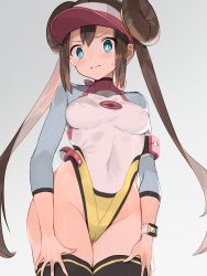 Rule 34 | 1girl, 3:, adapted costume, black thighhighs, blush, breasts, bright pupils, closed mouth, commentary request, covered erect nipples, covered navel, creatures (company), double bun, from below, frown, game freak, grey background, hair bun, highleg, highleg leotard, impossible clothes, leotard, long hair, looking at viewer, medium breasts, multicolored leotard, nintendo, poke ball, poke ball (basic), pokemon, pokemon bw2, rosa (pokemon), sidelocks, solo, spread fingers, spring2013, standing, sweat, thighhighs, thong leotard, turtleneck, twintails, very long hair, visor cap, white pupils