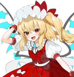 Rule 34 | 1girl, adapted costume, arm up, back bow, black ribbon, blonde hair, blue gemstone, blush, bow, bow skirt, breasts, collared shirt, crystal, fang, flandre scarlet, frills, gem, gotou (nekocat), hair between eyes, hand on headwear, hat, hat bow, heart, heart print, looking at viewer, lowres, medium breasts, mob cap, neck ribbon, open mouth, pointy ears, ponytail, puffy short sleeves, puffy sleeves, red bow, red eyes, red skirt, red vest, ribbon, shirt, short hair, short sleeves, side ponytail, sidelocks, simple background, skirt, skirt set, smile, solo, standing, tongue, touhou, vest, white background, white bow, white hat, white shirt, wings, wrist cuffs