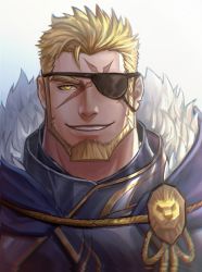 Rule 34 | 1boy, bad id, bad twitter id, beard, blonde hair, cape, eyepatch, facial hair, fur-trimmed cape, fur trim, gyee, highres, looking at viewer, male focus, markus (gyee), mature male, portrait, scar, scar on face, sdz (inazuma), short hair, smile, solo, spiked hair, straight-on, yellow eyes