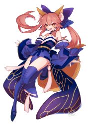 Rule 34 | 1girl, animal ear fluff, animal ears, bare shoulders, blue bow, blue kimono, blue thighhighs, blush, bow, breasts, collar, commentary request, detached collar, detached sleeves, eyebrows hidden by hair, fate/extra, fate (series), fox ears, fox girl, fox tail, full body, hair between eyes, hair bow, highres, japanese clothes, kandis milk, kimono, landing, large breasts, long hair, long sleeves, looking at viewer, obi, open mouth, pelvic curtain, pink hair, plantar flexion, platform footwear, sash, sidelocks, signature, simple background, smile, solo, split ponytail, tail, tamamo (fate), tamamo no mae (fate/extra), thighhighs, tongue, white background, white collar, wide sleeves, yellow eyes, zettai ryouiki