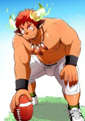 Rule 34 | 1boy, abs, american football, american football (object), american football uniform, animal ears, ball, bara, brown eyes, brown hair, bulge, cow boy, cow ears, cow horns, dark skin, dark-skinned male, ei (marutendon), facial hair, feather necklace, fiery horns, forked eyebrows, full body, glowing horns, goatee, grass, holding, holding ball, horns, large pectorals, male focus, muscular, muscular male, navel, nipples, pectorals, topless male, short hair, shorts, smile, smug, solo, spiked hair, sportswear, stomach, thick eyebrows, thick thighs, thighs, tokyo houkago summoners, wakan tanka, white shorts