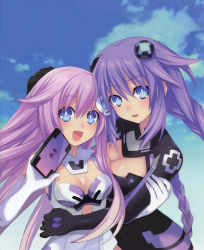 Rule 34 | 10s, 2girls, :d, blue eyes, blush, bodysuit, braid, breasts, choujigen game neptune mk2, cleavage, cleavage cutout, clothing cutout, cloud, day, elbow gloves, emblem, female focus, gloves, hair ornament, hand on another&#039;s head, highres, holding, hug, long hair, looking at viewer, medium breasts, multiple girls, nepgear, neptune (neptunia), neptune (series), official art, open mouth, pink hair, power symbol, power symbol-shaped pupils, purple hair, purple heart (neptunia), purple sister, siblings, sisters, smile, source request, symbol-shaped pupils, tsunako, twin braids, twintails, very long hair, white gloves, yuri