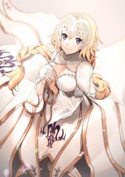 Rule 34 | 1girl, blonde hair, braid, braided ponytail, breasts, cleavage, cleavage cutout, closed mouth, clothing cutout, dress, fate/grand order, fate (series), hair between eyes, hair ornament, headpiece, highres, jeanne d&#039;arc (fate), jeanne d&#039;arc (lostroom outfit) (fate), jeanne d&#039;arc (ruler) (fate), large breasts, long dress, long hair, long sleeves, looking at viewer, lostroom outfit (fate), nail, no-kan, official alternate costume, own hands together, ponytail, purple eyes, smile, solo, very long hair, white dress, wide sleeves