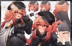 Rule 34 | 1girl, :3, animal ear fluff, animal ears, arknights, arm up, arms at sides, ass, belt, black belt, black gloves, black headwear, black shirt, black shorts, black socks, blush, breasts, bright pupils, cabbie hat, camera, cape, chibi, closed eyes, closed mouth, clothing cutout, commentary, cowboy shot, facing away, feet out of frame, gloves, gravel (arknights), gravel (modeling night) (arknights), hand up, hands on own cheeks, hands on own face, hat, heart, highres, kneehighs, medium breasts, multiple views, official alternate costume, open mouth, pink eyes, pink hair, ponytail, prairie dog ears, shirt, shorts, sidelocks, socks, spoken heart, tail, tail through clothes, takumi mizuki, thigh strap, translated, upper body, white background, white cape, white pupils