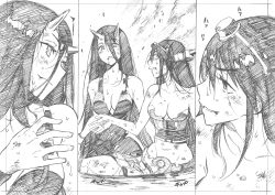 Rule 34 | 2girls, absurdres, abyssal ship, battleship princess, breasts, bruise, bruise on face, cleavage, dress, graphite (medium), greyscale, hair between eyes, headgear, highres, horns, injury, kantai collection, kojima takeshi, long hair, medium breasts, monochrome, multiple girls, nagato (kancolle), skin-covered horns, smile, sweat, torn clothes, traditional media, very long hair