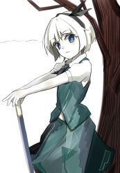 Rule 34 | 1girl, blue eyes, collared shirt, female focus, frown, hair ribbon, hairband, katana, konpaku youmu, looking at viewer, looking to the side, mknongr, nature, outdoors, partially colored, plant, planted sword, planted, puffy short sleeves, puffy sleeves, ribbon, shirt, short hair, short sleeves, skirt, skirt set, solo, sword, touhou, tree, vest, weapon, white background, white hair