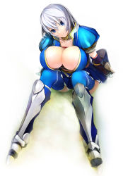 Rule 34 | 1girl, armor, azure (armor), belt bra, blue eyes, blue thighhighs, boots, breast rest, breasts, breasts on lap, capcom, choker, cleavage, elbow gloves, gloves, grass, greaves, head tilt, huge breasts, hugging own legs, lace, leaning forward, looking at viewer, monster hunter, monster hunter (series), monster hunter frontier, no bra, on ground, open clothes, open shirt, panties, pantyshot, pleated skirt, pupps, shirt, short hair, simple background, sitting, skirt, smile, solo, thigh boots, thighhighs, underwear, upskirt, white hair, white panties