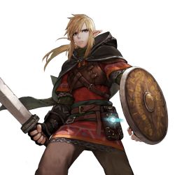 Rule 34 | 1boy, armor, blonde hair, cape, chainmail, highres, hood, jun (navigavi), leggings, link, male focus, nintendo, parted lips, pointy ears, shield, simple background, solo, sword, the legend of zelda, the legend of zelda: breath of the wild, weapon, white background