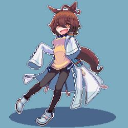 Rule 34 | 1girl, agnes tachyon (umamusume), ahoge, animal ears, blue background, breasts, brown hair, brown pantyhose, coat, full body, hands up, horse ears, horse girl, horse tail, lab coat, open clothes, open coat, open mouth, orange eyes, outline, pantyhose, pixel art, shoes, short hair, simple background, sleeves past fingers, sleeves past wrists, small breasts, smile, solo, sweater, tail, take2uchi, test tube, umamusume, white footwear, white outline, yellow sweater
