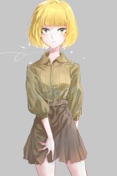 Rule 34 | 1girl, absurdres, arm behind back, belt, blonde hair, blush, brown skirt, closed mouth, collared shirt, commentary request, cowboy shot, expressionless, green shirt, highres, looking at viewer, matsunaga777, original, red eyes, shirt, shirt tucked in, short hair, simple background, skirt, solo, standing, striped clothes, striped shirt