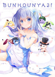 Rule 34 | 1girl, angora rabbit, bare arms, bare shoulders, blue bow, blue choker, blue eyes, blue hair, blue ribbon, blush, bow, choker, closed mouth, collarbone, cover, cover page, dress, gochuumon wa usagi desu ka?, hair ornament, hairclip, hands up, kafuu chino, knees out of frame, long hair, looking at viewer, mocha (naturefour), own hands together, rabbit, ribbon, short dress, sitting, sleeveless, sleeveless dress, smile, solo, steepled fingers, strap slip, stuffed animal, stuffed rabbit, stuffed toy, tareme, three quarter view, tippy (gochiusa), two side up, waist ribbon, white dress, wristband, x hair ornament