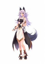 Rule 34 | 1girl, animal ears, atelier-moo, bare shoulders, breasts, detached sleeves, full body, grey eyes, highres, large breasts, long hair, mana(our battle has just begun!), our battle has just begun!, purple hair, simple background, sleeveless, smile, solo, tail, thighs, wolf ears, wolf girl, wolf tail