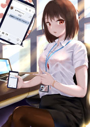 Rule 34 | 1girl, absurdres, ashita no sakuya, bad anatomy, black skirt, bra, brown eyes, brown hair, brown pantyhose, chair, computer, day, desk, highres, holding, holding phone, id card, id tag, indoors, lanyard, laptop, looking at viewer, office lady, open mouth, original, pantyhose, pencil skirt, phone, red bra, see-through, shirt, short hair, short sleeves, sitting, skirt, solo, speech bubble, translation request, underwear, white shirt, window, wristband